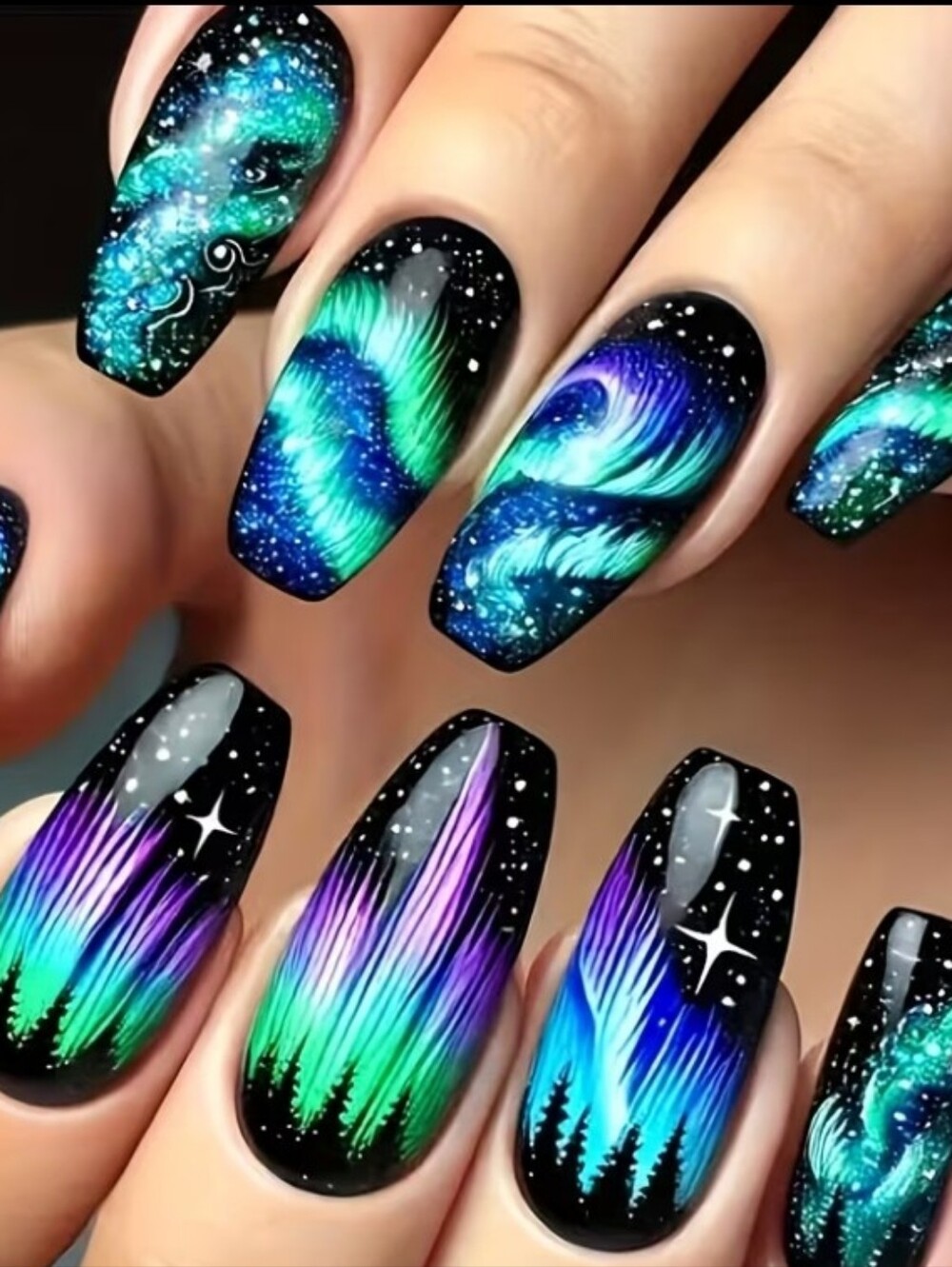 Aurora Galaxy Nail Set — Black Base with Blue, Green & Purple